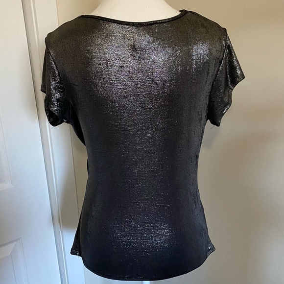 Clientele Vintage Shiny Silver Metallic Cowl Neck Cap Sleeve Holiday Party Top-M - Picture 7 of 16